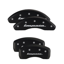 Load image into Gallery viewer, MGP 4 Caliper Covers Engraved Front & Rear Chevy Racing Red Finish Silver Char 2017 Chevrolet Camaro