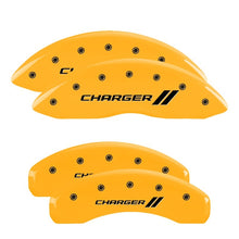 Load image into Gallery viewer, MGP 4 Caliper Covers Engraved Front & Rear Cursive/Charger Yellow finish black ch