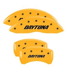 Load image into Gallery viewer, MGP 4 Caliper Covers Engraved Front & Rear Daytona Yellow finish black ch