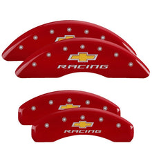 Load image into Gallery viewer, MGP 4 Caliper Covers Engraved Front & Rear Chevy Racing Red Finish Silver Char 2016 Chevrolet Camaro