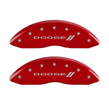 Load image into Gallery viewer, MGP 4 Caliper Covers Engraved Front & Rear With stripes/Dodge Red finish silver ch