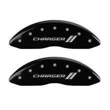 Load image into Gallery viewer, MGP 4 Caliper Covers Engraved Front & Rear With stripes/Charger Black finish silver ch