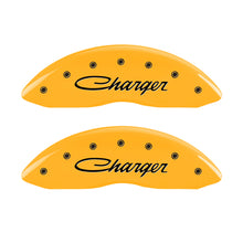 Load image into Gallery viewer, MGP 4 Caliper Covers Engraved Front & Rear Cursive/Charger Yellow finish black ch