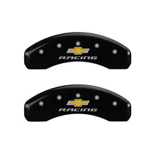 Load image into Gallery viewer, MGP 4 Caliper Covers Engraved F & R Chevy Racing Black Finish Silver Char 2019 Chevrolet Camaro