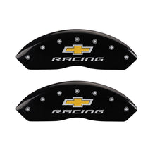 Load image into Gallery viewer, MGP 4 Caliper Covers Engraved F & R Chevy Racing Black Finish Silver Char 2017 Chevrolet Camaro