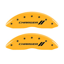 Load image into Gallery viewer, MGP 4 Caliper Covers Engraved Front & Rear With stripes/Charger Yellow finish black ch