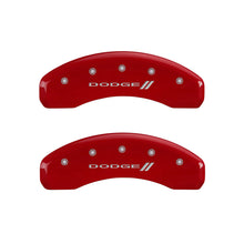 Load image into Gallery viewer, MGP 4 Caliper Covers Engraved Front & Rear With stripes/Dodge Red finish silver ch