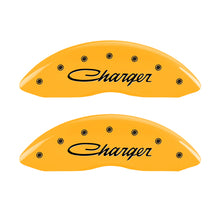 Load image into Gallery viewer, MGP 4 Caliper Covers Engraved F & R Cursive/Charger Yellow Finish Black Char 2006 Dodge Charger