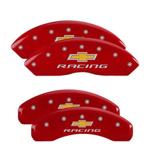 Load image into Gallery viewer, MGP 4 Caliper Covers Engraved Front & Rear Chevy Racing Red Finish Silver Char 2017 Chevrolet Camaro