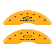 Load image into Gallery viewer, MGP 4 Caliper Covers Engraved F & R Chevy Racing Yellow Finish Black Char 2016 Chevrolet Camaro
