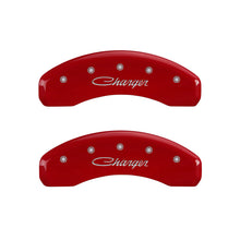 Load image into Gallery viewer, MGP 4 Caliper Covers Engraved Front & Rear Cursive/Charger Red finish silver ch