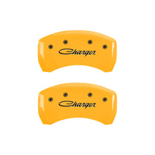 Load image into Gallery viewer, MGP 4 Caliper Covers Engraved Front & Rear Cursive/Charger Yellow finish black ch