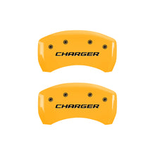 Load image into Gallery viewer, MGP 4 Caliper Covers Engraved Front & Rear Block/Charger Yellow Finish Black Char 2006 Dodge Charger