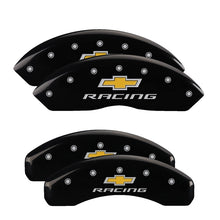 Load image into Gallery viewer, MGP 4 Caliper Covers Engraved F & R Chevy Racing Black Finish Silver Char 2017 Chevrolet Camaro