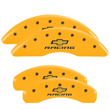 Load image into Gallery viewer, MGP 4 Caliper Covers Engraved F & R Chevy Racing Yellow Finish Black Char 2016 Chevrolet Camaro