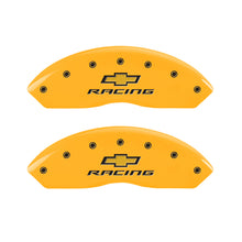 Load image into Gallery viewer, MGP 4 Caliper Covers Engraved Front & Rear Chevy Racing Yellow Power Coat Finish Black Characters