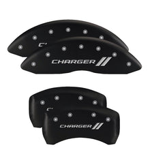 Load image into Gallery viewer, MGP 4 Caliper Covers Engraved Front & Rear Cursive/Challenger Black finish silver ch