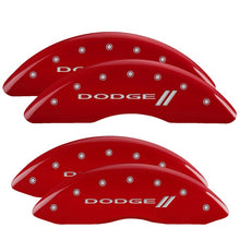 Load image into Gallery viewer, MGP 4 Caliper Covers Engraved Front & Rear With stripes/Dodge Red finish silver ch