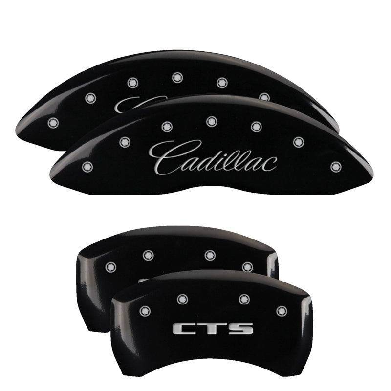 MGP 4 Caliper Covers Engraved Front Cursive/Cadillac Engraved Rear CTS Black finish silver ch