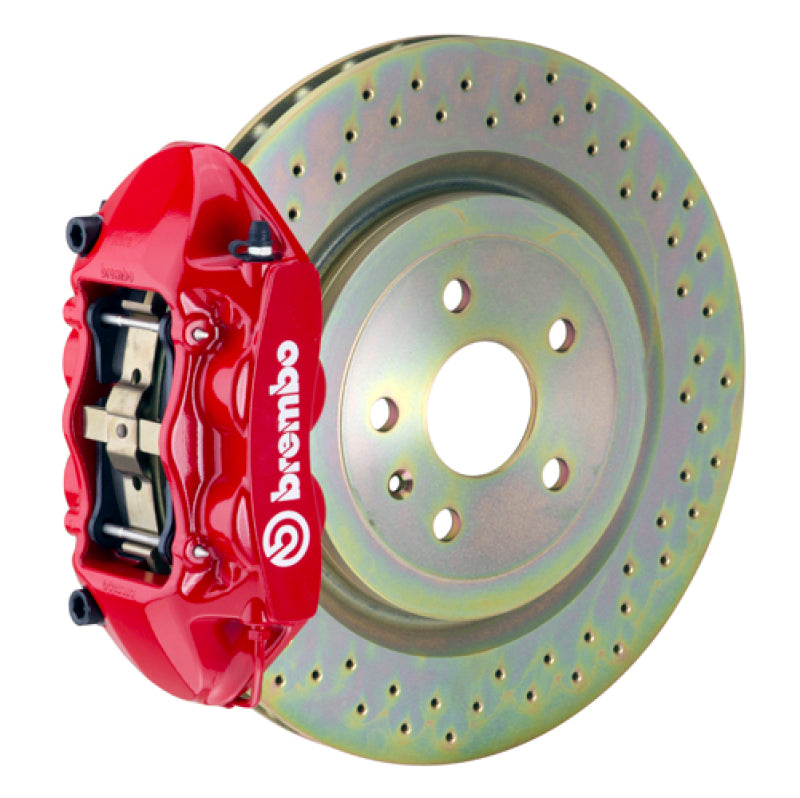 Brembo 10-15 Camaro V6 Rear GT BBK 4 Piston Cast 365x28 1pc Rotor Drilled-Red