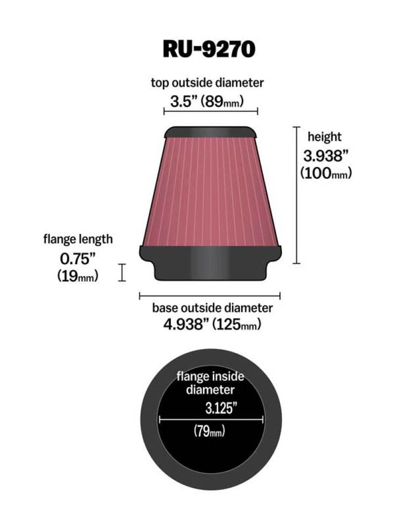 K&N Universal Tapered Filter 3-1/8in Flange IDx4-15/16in Base OD x 3-1/2in Top OD x 3-15/16in Height