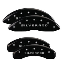 Load image into Gallery viewer, MGP 4 Caliper Covers Engraved Front &amp; Rear Silverado Black finish silver ch