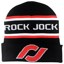 Load image into Gallery viewer, RockJock Beanie Black w/ Red and White RJ Logos and Stripes One Size Fits All