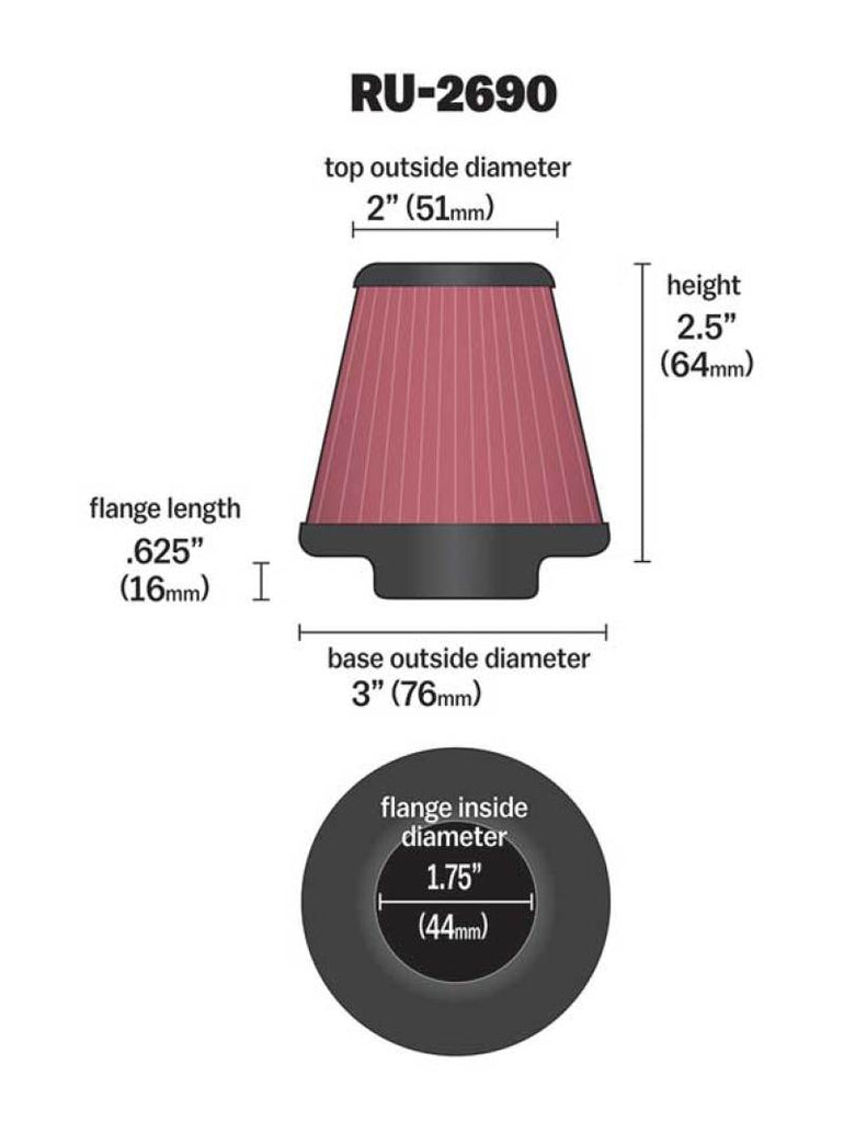 K&N Filter Universal Rubber Filter 1 3/4 inch Flange 3 inch Base 2 inch Top 2.5 inch Height