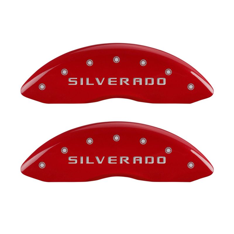 MGP Front set 2 Caliper Covers Engraved Front Silverado Red finish silver ch