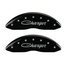 Load image into Gallery viewer, MGP 4 Caliper Covers Engraved Front &amp; Rear Cursive/Charger Black finish silver ch