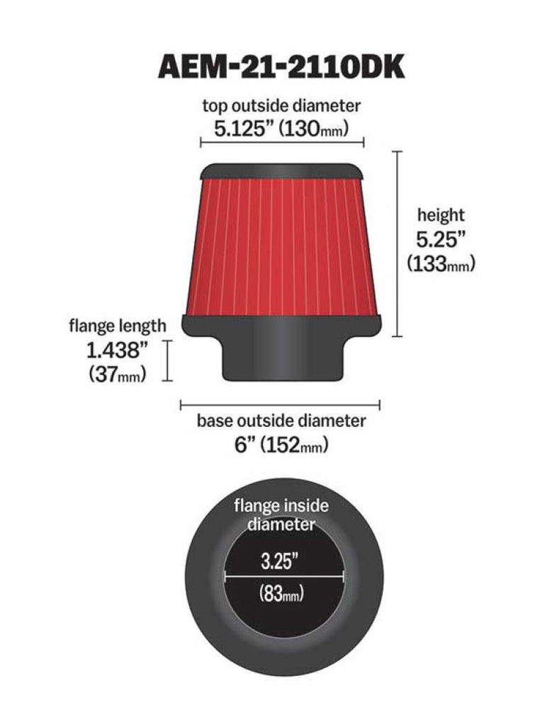 AEM 3.25 in DRY Flow Short Neck 5 in Element Filter