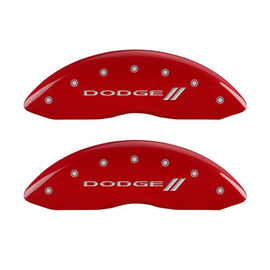 MGP 4 Caliper Covers Engraved Front & Rear With stripes/Dodge Red finish silver ch