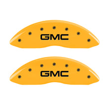 Load image into Gallery viewer, MGP 4 Caliper Covers Engraved Front &amp; Rear 99-03 GMC Sierra 1500 Yellow Finish Black GMC Logo