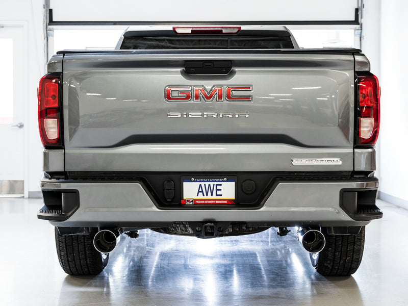 AWE Tuning 4th Gen GM 1500 5.3L 0FG Catback Split Rear Exit (Flat Bumper) - Quad Chrome Tips