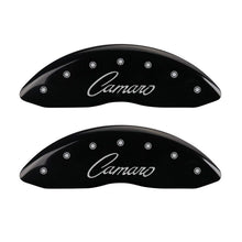 Load image into Gallery viewer, MGP 4 Caliper Covers Engraved Front &amp; Rear Cursive/Camaro Black finish silver ch