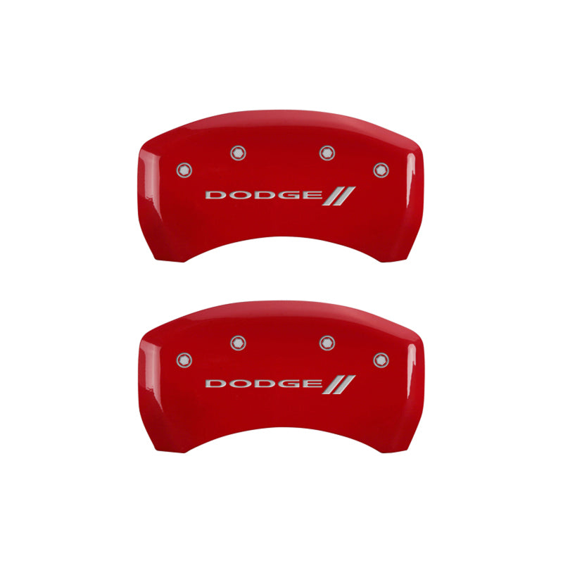 MGP 4 Caliper Covers Engraved Front & Rear With stripes/Dodge Red finish silver ch