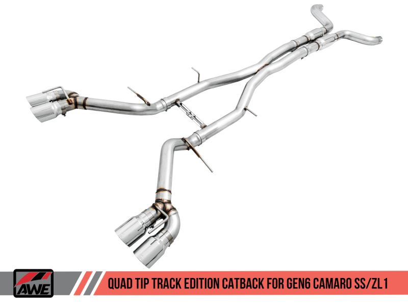 AWE Tuning 16-19 Chevy Camaro SS Resonated Cat-Back Exhaust -Track Edition (Quad Chrome Silver Tips)