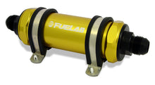 Load image into Gallery viewer, Fuelab 828 In-Line Fuel Filter Long -6AN In/Out 10 Micron Fabric - Gold