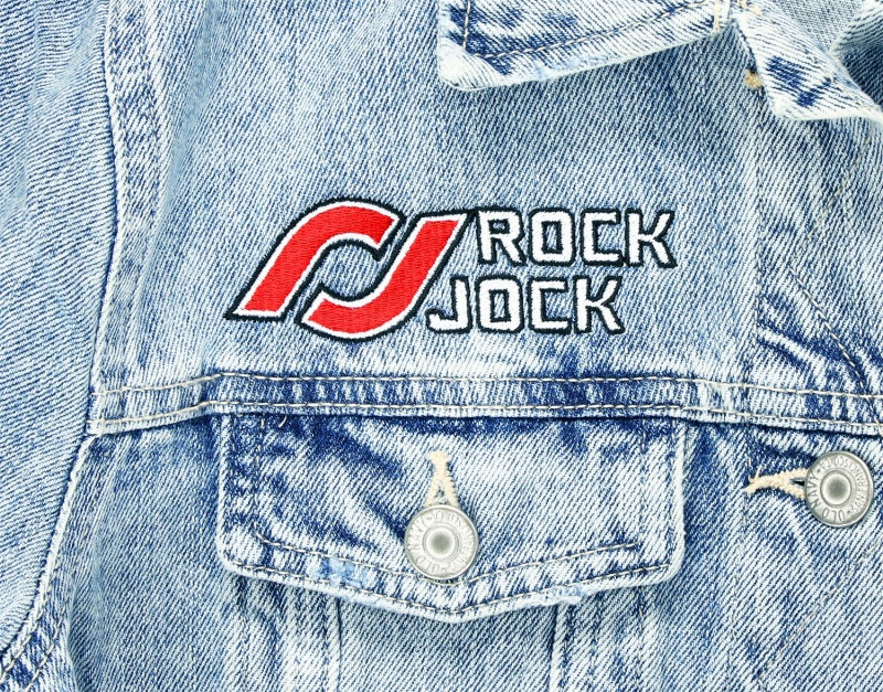 RockJock Jean Jacket w/ Embroidered Logos Front and Back Blue Womens Small