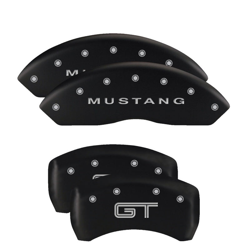 MGP 4 Caliper Covers Engraved Front Mustang Engraved Rear GT Black finish silver ch