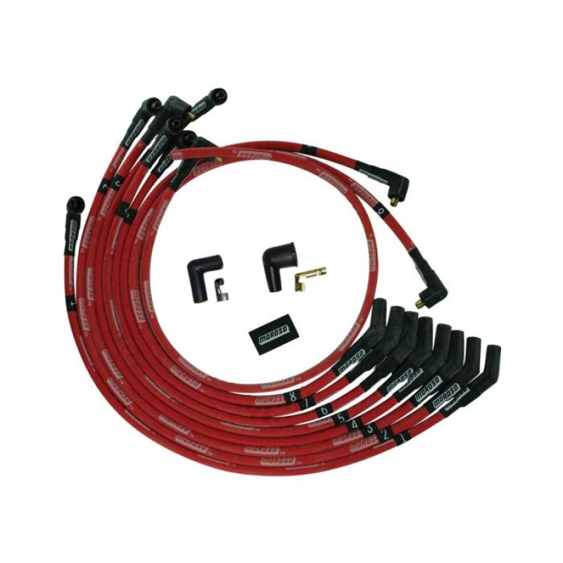 Moroso SB Ford 351W 135 Deg Plug Boots Non-HEI Sleeved Ultra Spark Plug Wire Set - Red