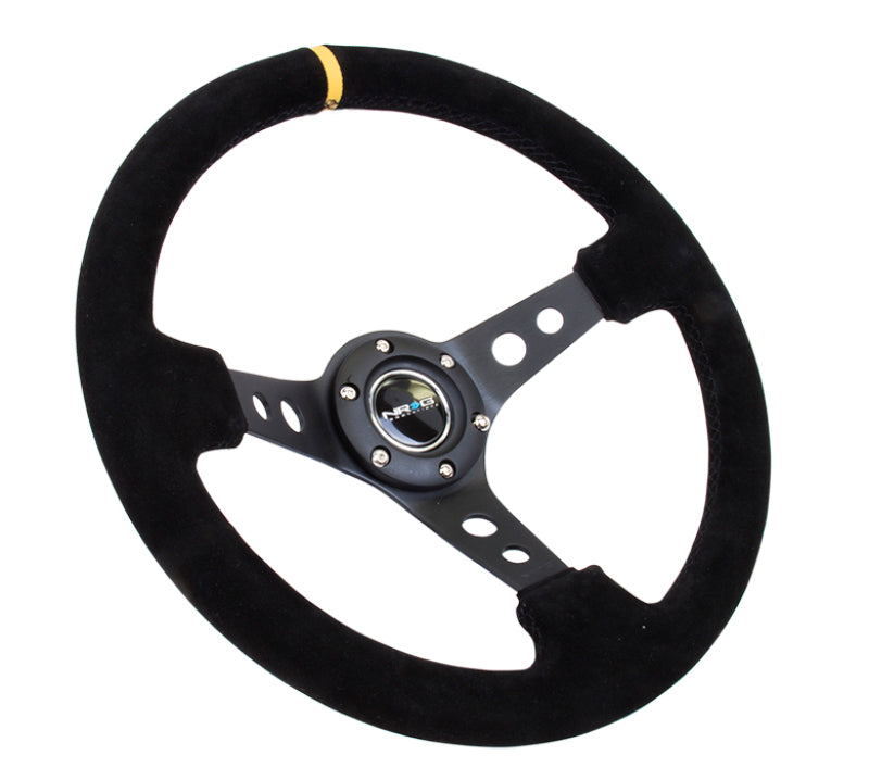 NRG Reinforced Steering Wheel (350mm / 3in. Deep) Blk Suede w/Circle Cut Spokes & Single Yellow CM