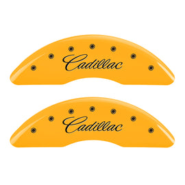 MGP 4 Caliper Covers Engraved Front Cursive/Cadillac Engraved Rear CTS Yellow finish black ch