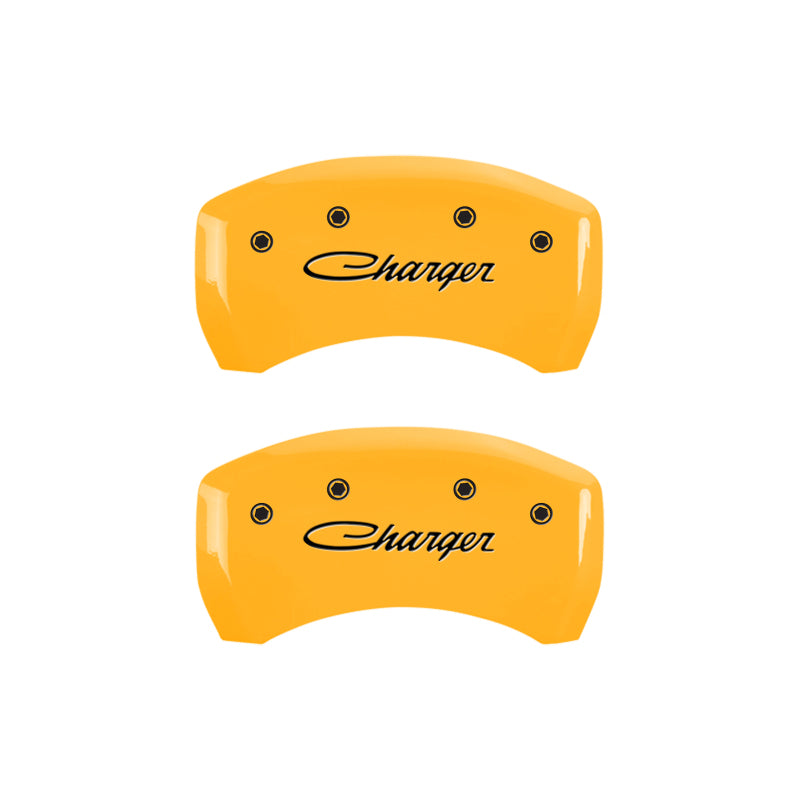 MGP 4 Caliper Covers Engraved Front & Rear Cursive/Charger Yellow finish black ch