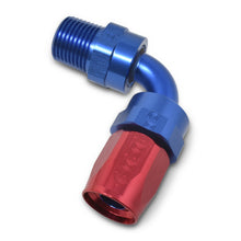 Load image into Gallery viewer, Russell Performance -6 AN Red/Blue 90 Degree Full Flow Swivel Pipe Thread Hose End (With 3/8in NPT)