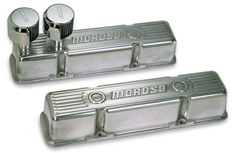 Moroso Chevrolet Small Block Valve Cover - 1 Cover w/2 Breathers at Front - Polished Aluminum - Pair