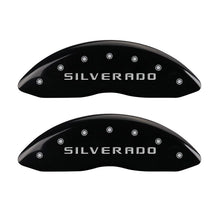 Load image into Gallery viewer, MGP 4 Caliper Covers Engraved Front &amp; Rear Silverado Black finish silver ch