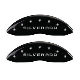 MGP Front set 2 Caliper Covers Engraved Front Silverado Black finish silver ch