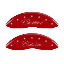 Load image into Gallery viewer, MGP 4 Caliper Covers Engraved Front &amp; Rear Cursive/Cadillac Red finish silver ch