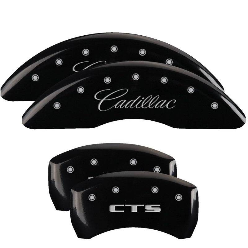 MGP 4 Caliper Covers Engraved Front Cursive/Cadillac Engraved Rear CTS Black finish silver ch